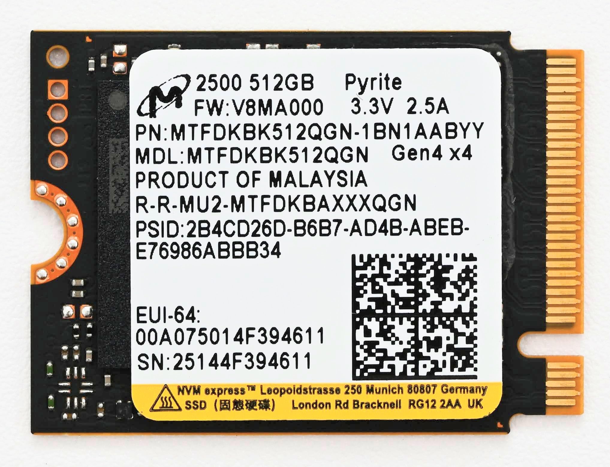 Micron 512GB 2500 M.2 2230 PCIe Gen 4.0x4 NVMe SSD Up to 6600 MB/s